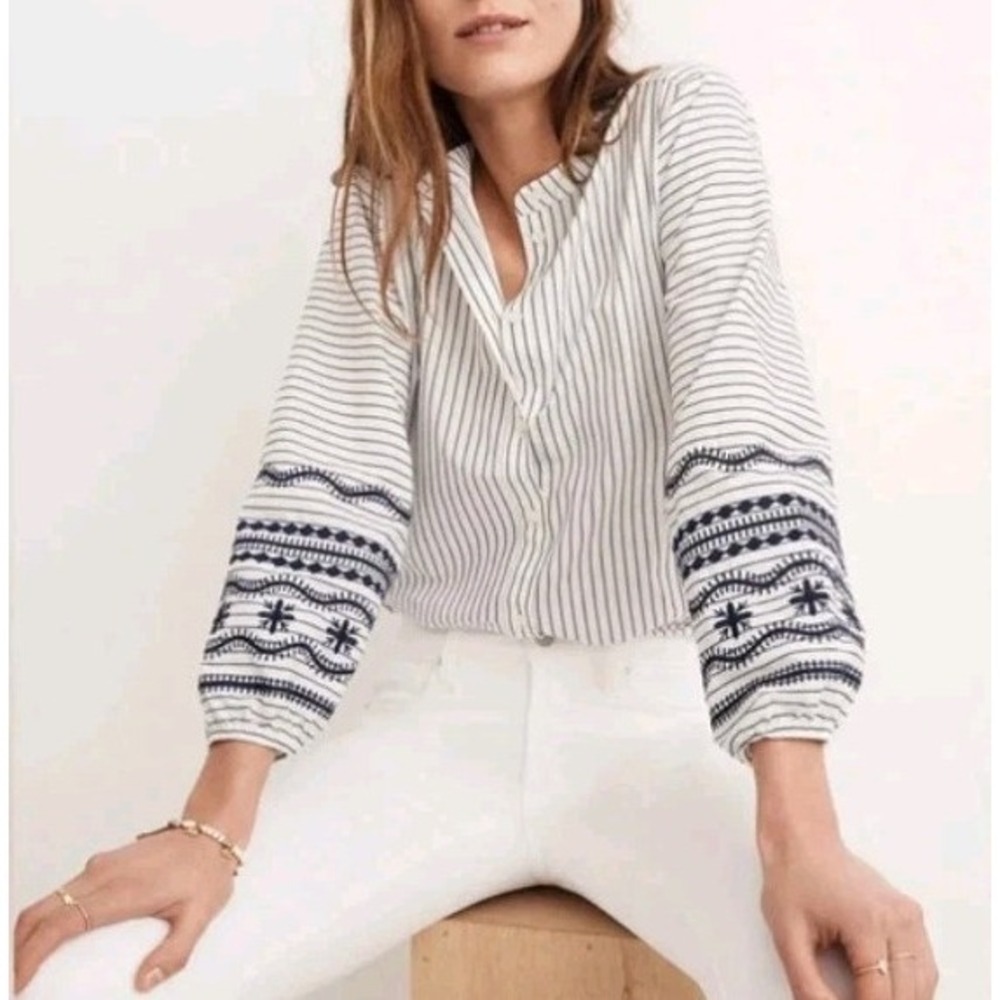 Madewell Top Womens Small Embroidered Puff Sleeve Striped White Navy Boho Chic